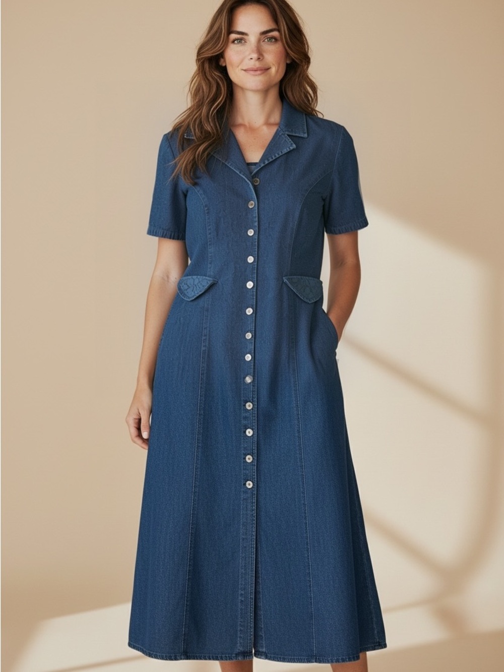 Skechers Rare Vintage Button-Front Blue Denim Midi Dress, Mid-weight, Lace